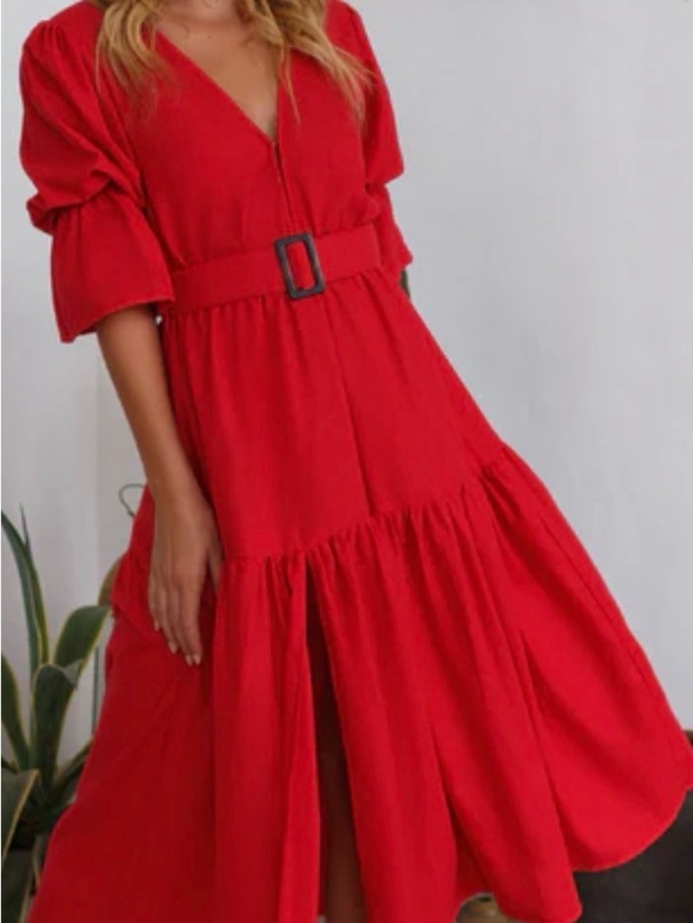 BALI ELF PEONY RED LINEN  DRESS FEATURES PUFF SLEEVES & TIERD SKIRT SZ L